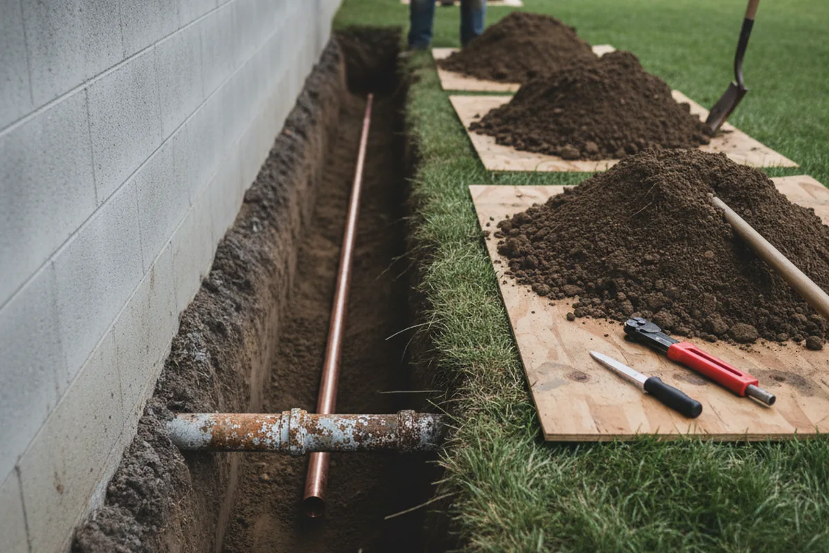 Excavated water line trench during Sewer Line Repair in Flint Hill